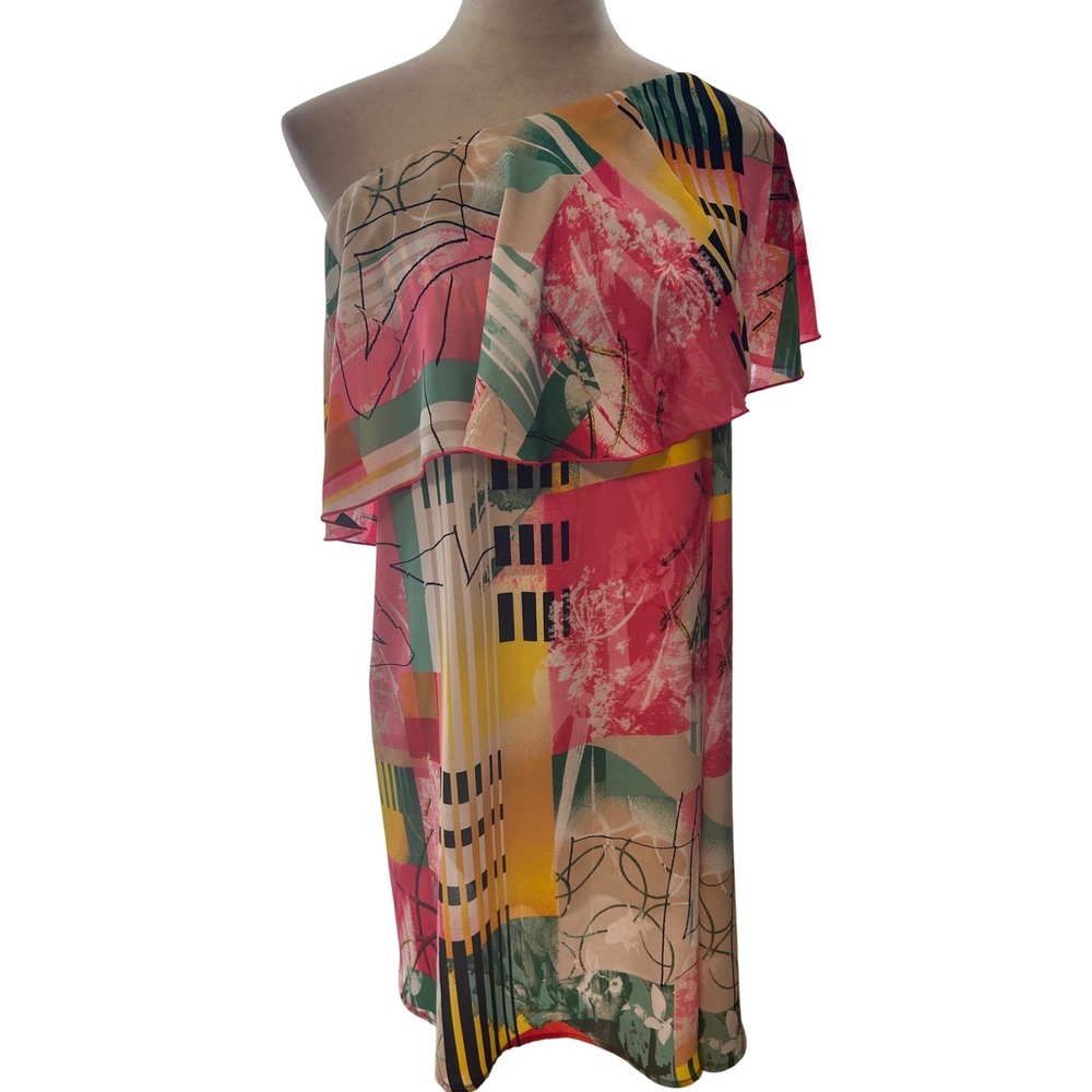C Christian Los Angeles One Shoulder Multicolor Abstract Ruffle Dress